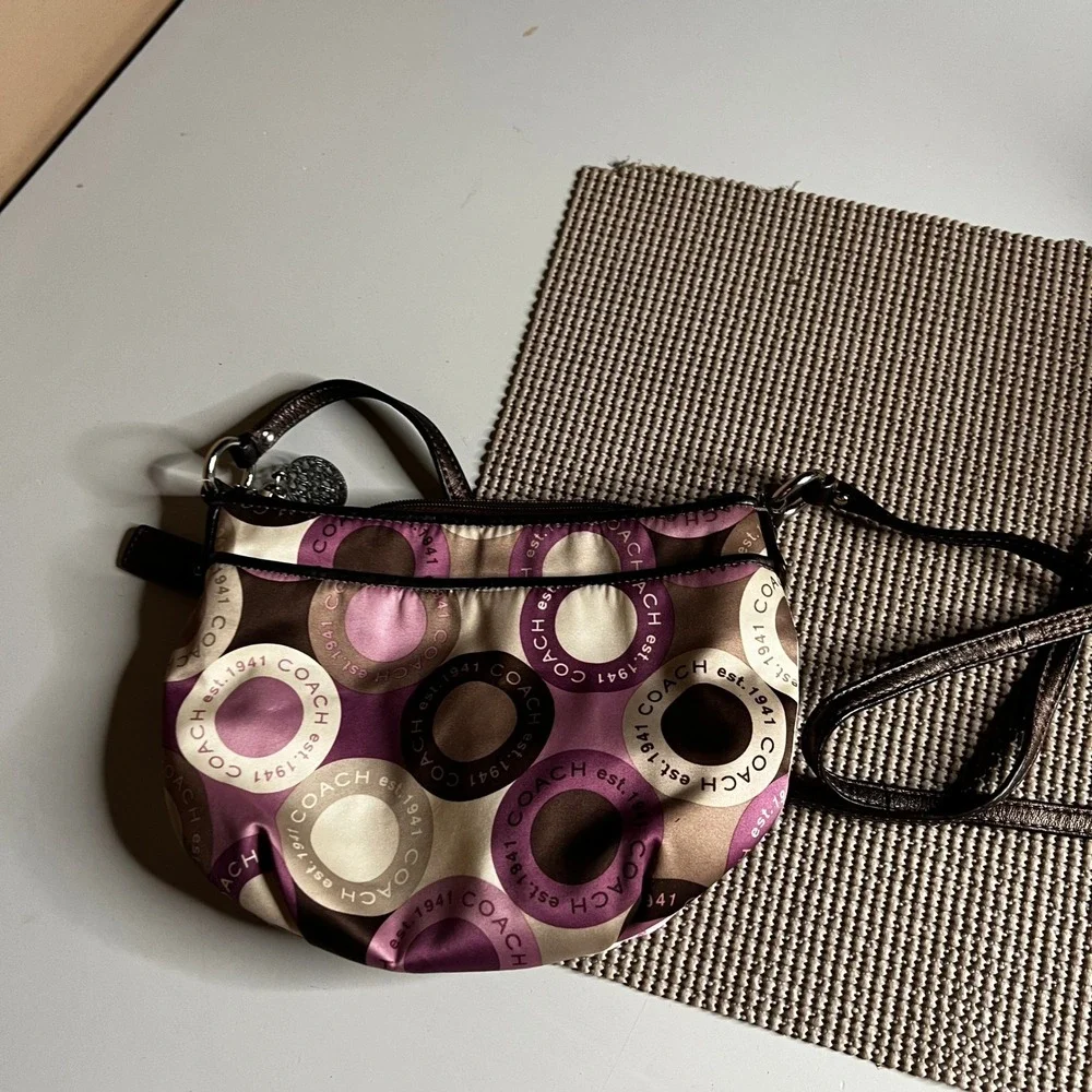 Coach Purple Brown Op Art Circle Satin Crossbody Bag Metallic Bronze Trim